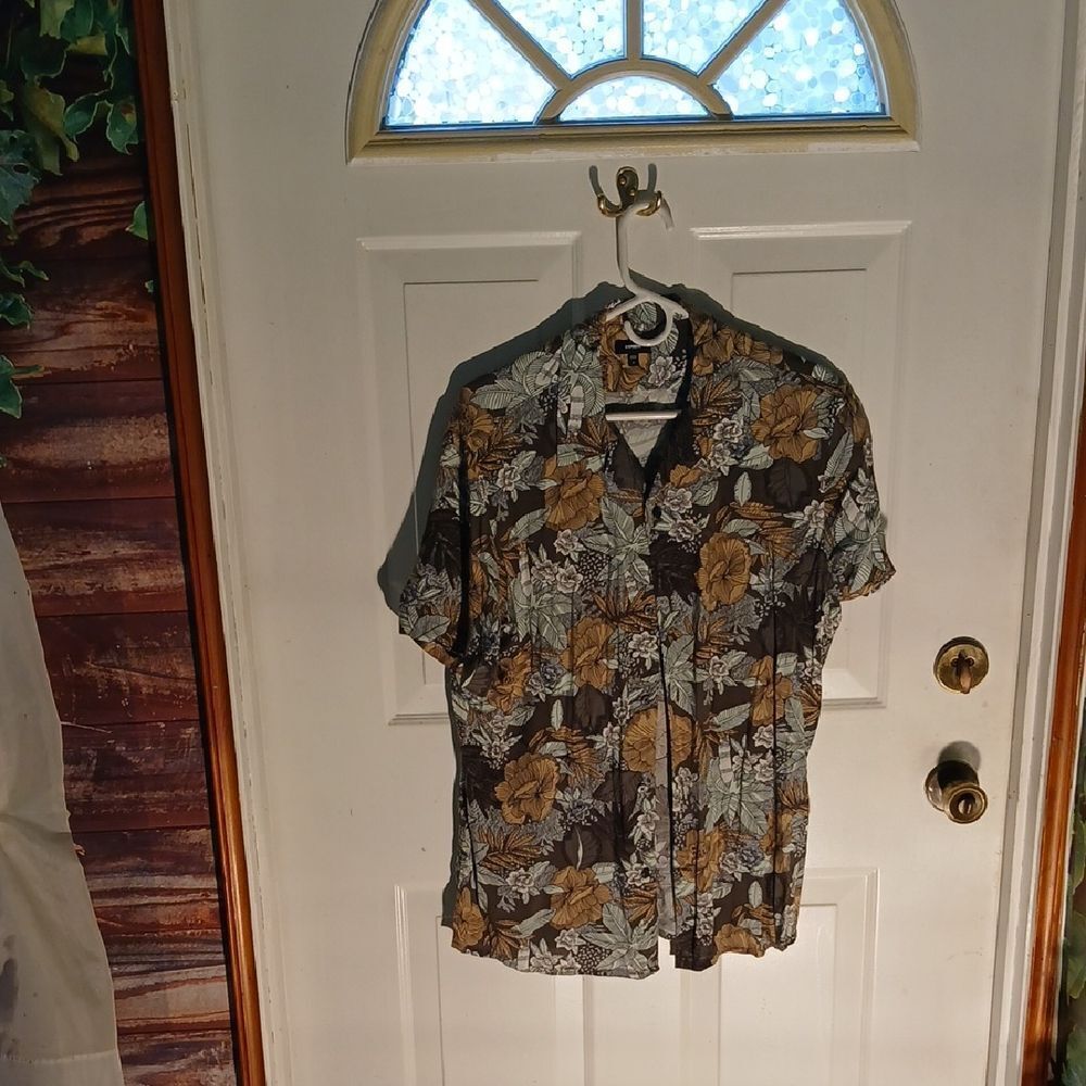 Express Floral Casual Button Down Shirt - Brown and Green RL58
